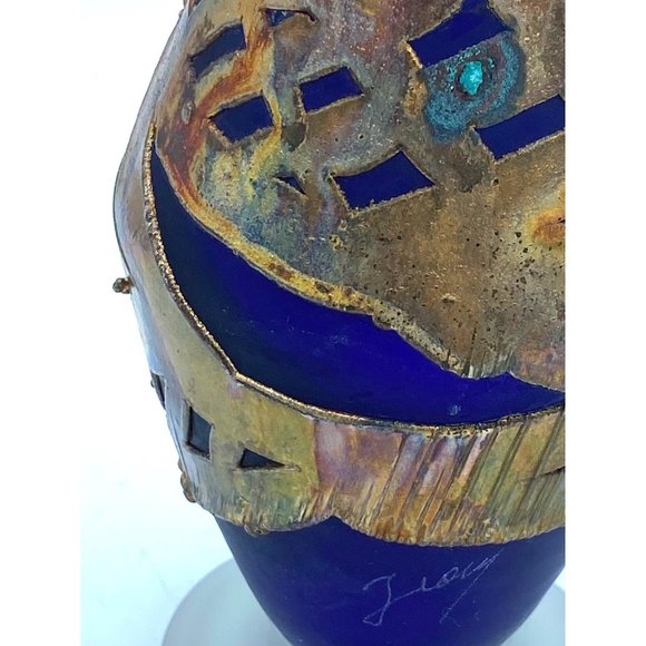 Signed Handblown Cobalt Blue Frosted Art Glass with Golden Metal Wrap Around Dec - Picture 7 of 8